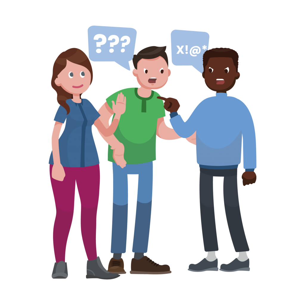 Illustratie van twee collega's die ruzie maken en een derde collega die hen kalmeert.