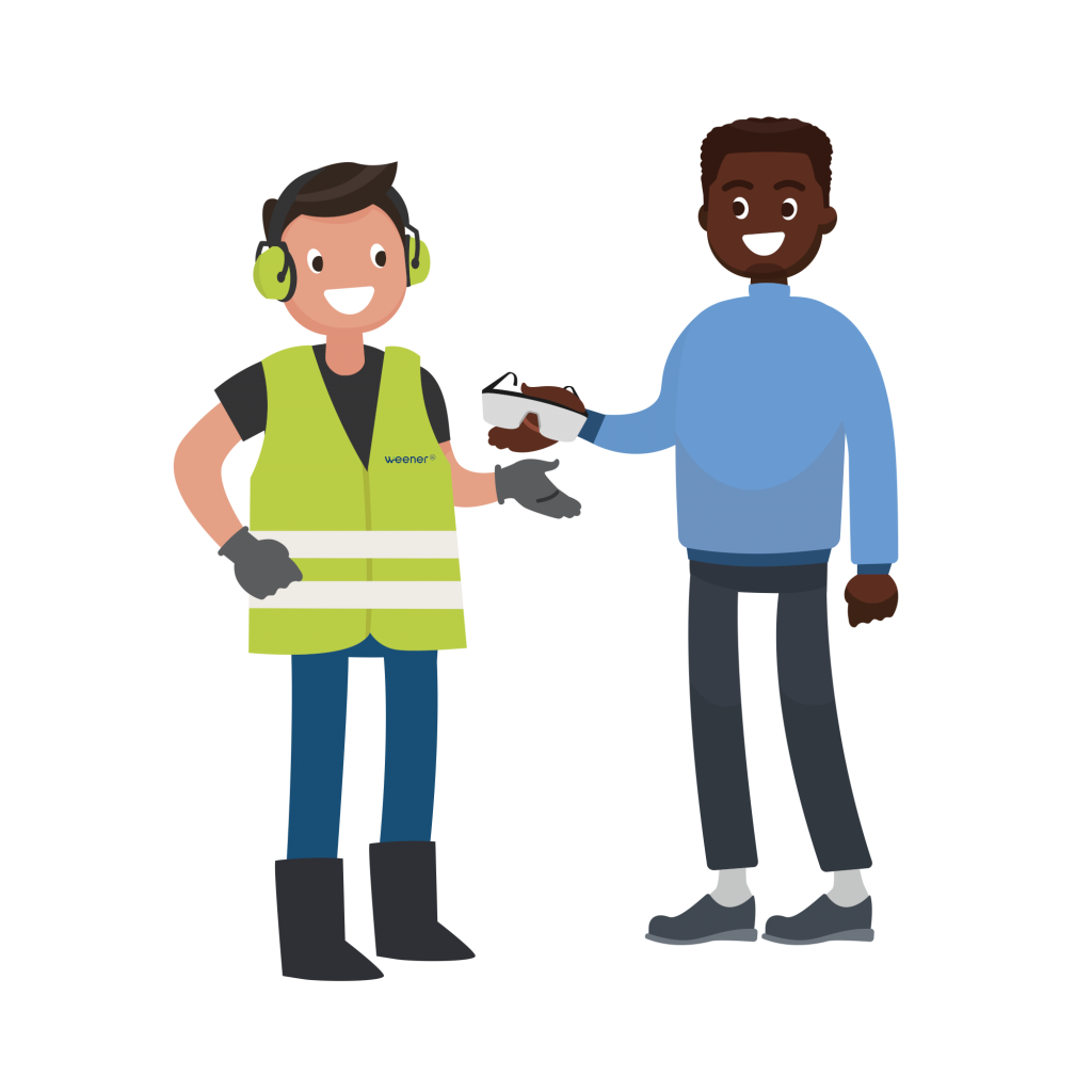 Illustratie van een collega die de andere collega een veiligheidstip geeft.