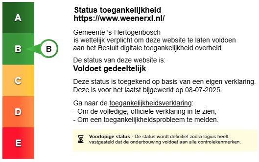 Toegankelijkheidsstatus B - Weener XL gemeente 's-Hertogenbosch. De afbeelding toont een samenvatting van de toegankelijkheidsverklaring, te lezen op de link van DigiToegankelijk die hieronder wordt genoemd.